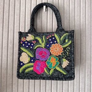 Navy/Gray Floral Wool Textile Beaded America & Beyond Mini Tote Bag